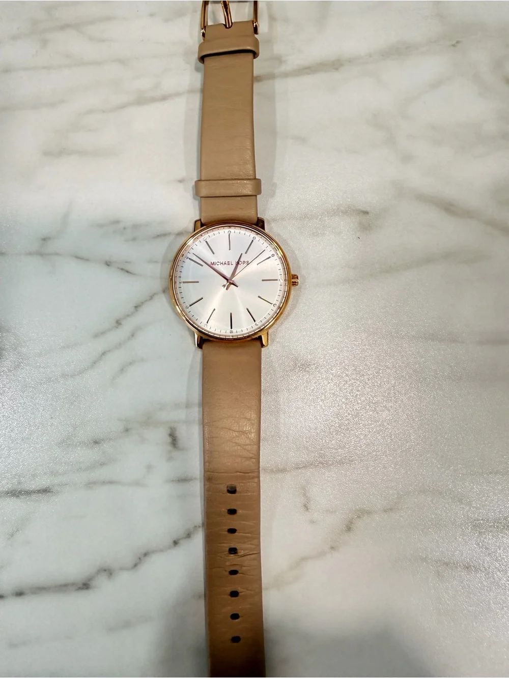 Michael Kors Gold-Tone Case Cream Leather Strap Minimalist Watch
